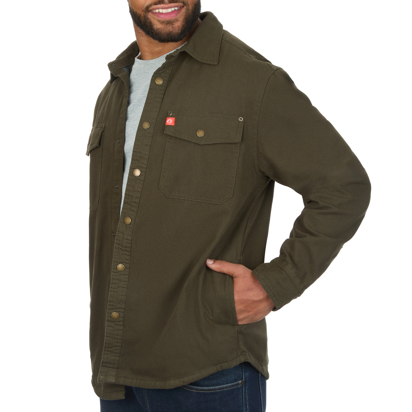 Solid Canvas Shirt Jacket with Printed Polar Fleece Lining